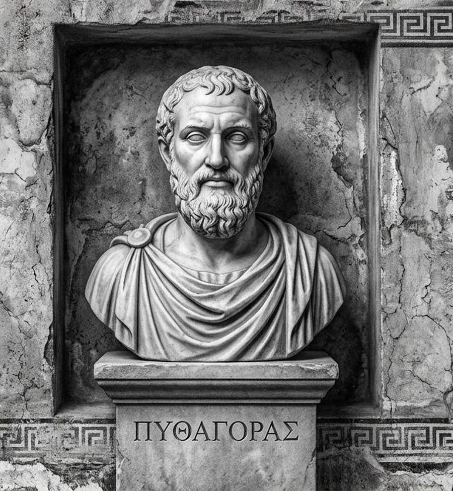 Busto de mármore de Pitágoras em nicho de pedra, com inscrição em grego